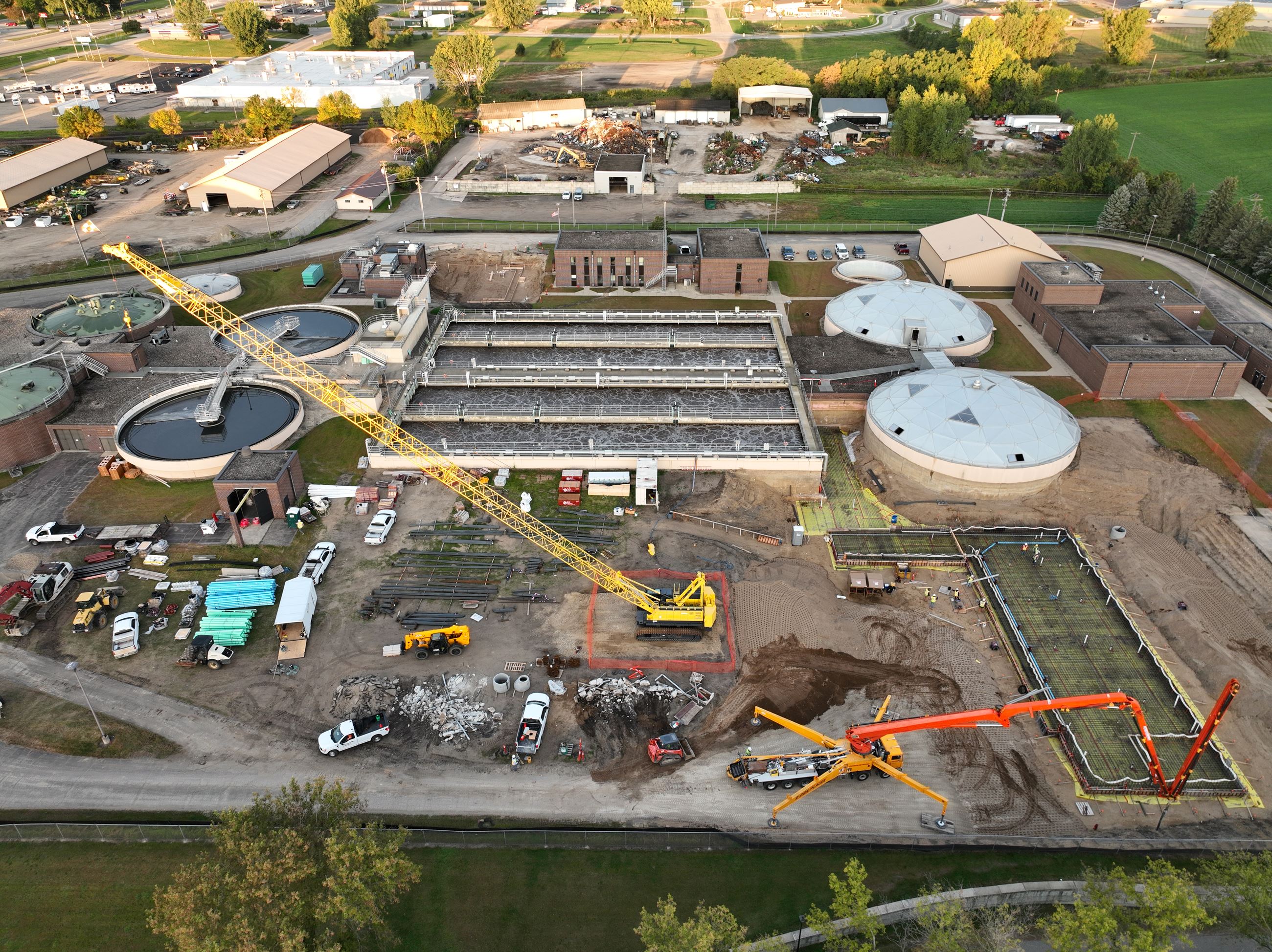 Aerial of wastewater treatment building construction in progress
