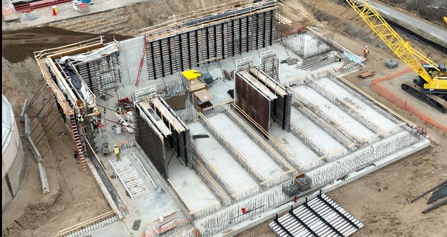 Aerial of wastewater treatment building construction in progress