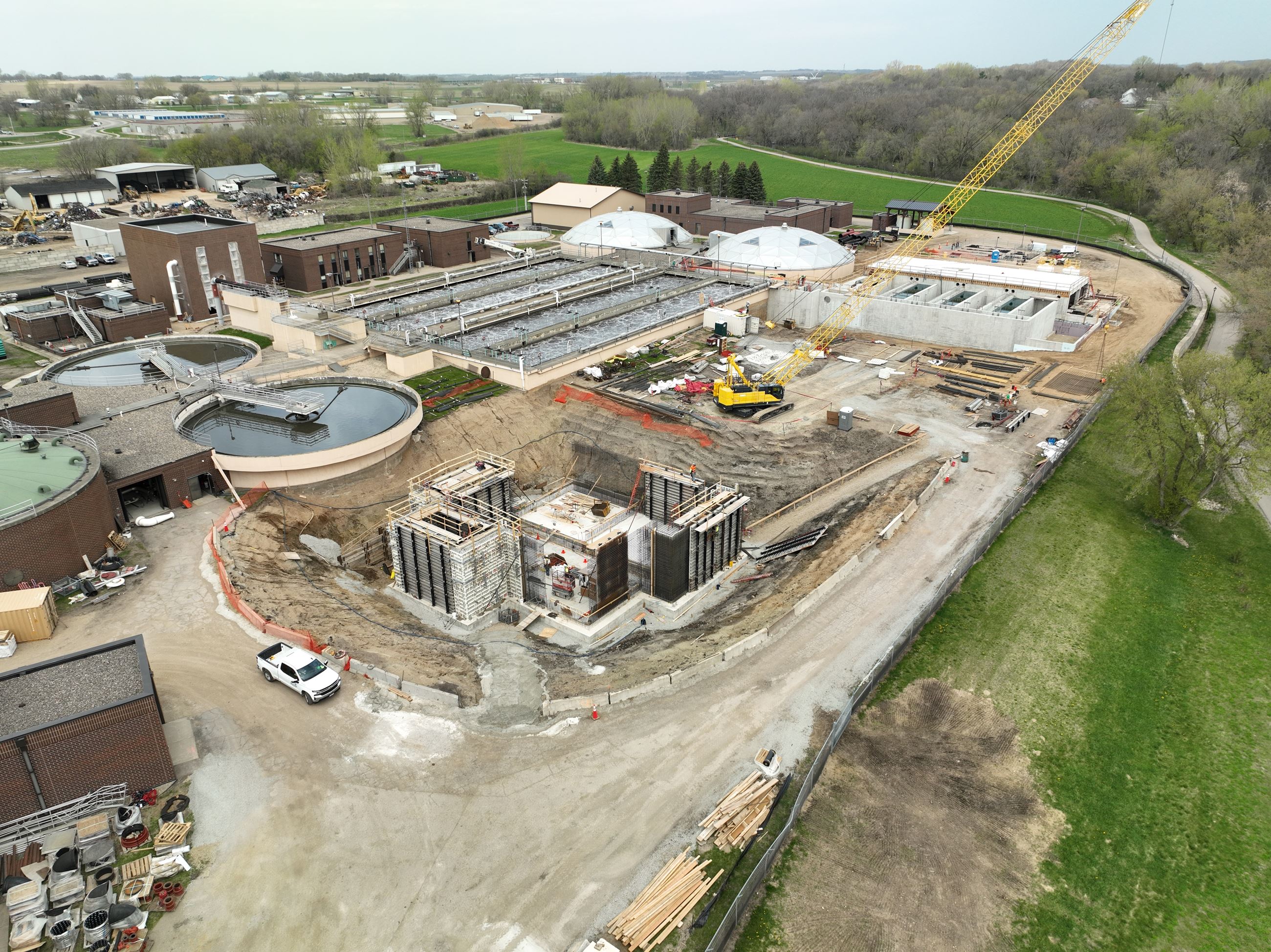 Aerial of wastewater treatment building construction in progress
